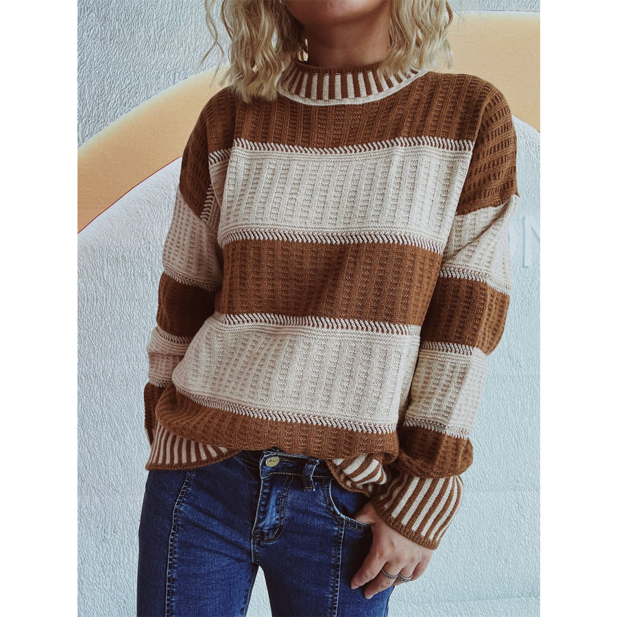 Contrast Round Neck Long Sleeve Sweater Apparel and Accessories