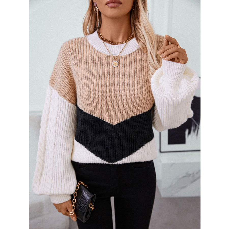 Contrast Round Neck Long Sleeve Sweater Tan / S Apparel and Accessories