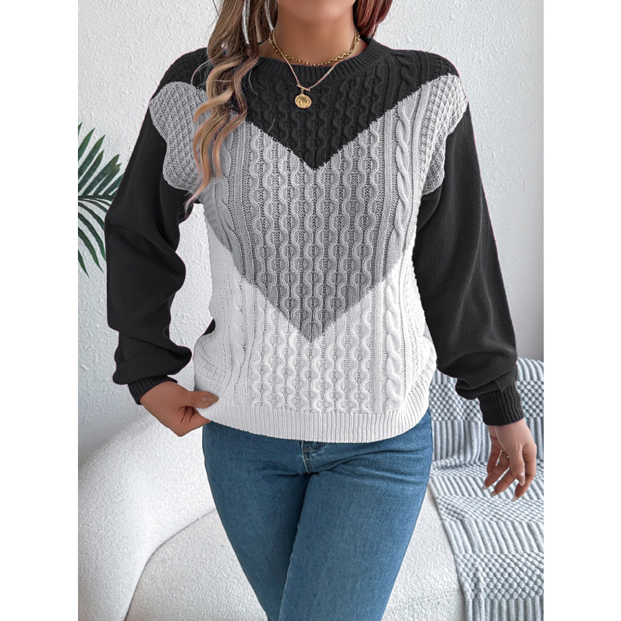 Contrast Round Neck Long Sleeve Sweater Gray / S Apparel and Accessories