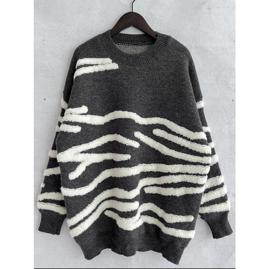 Contrast Round Neck Long Sleeve Sweater Apparel and Accessories