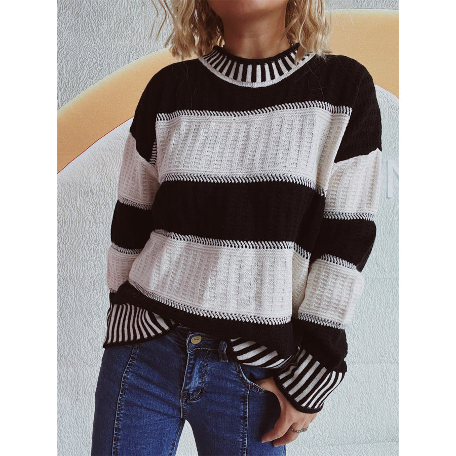 Contrast Round Neck Long Sleeve Sweater Apparel and Accessories