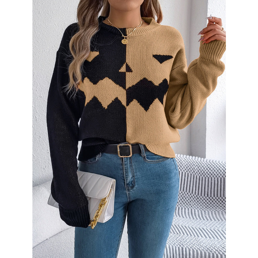 Contrast Round Neck Long Sleeve Sweater Apparel and Accessories