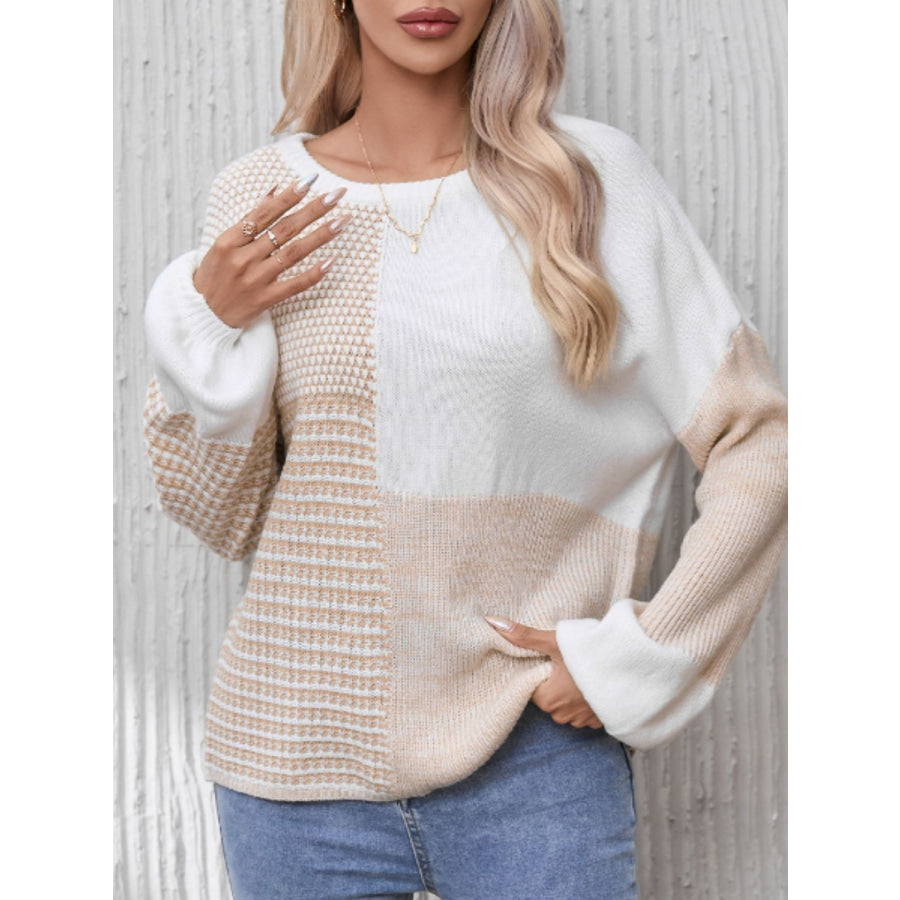 Contrast Round Neck Long Sleeve Sweater Apparel and Accessories