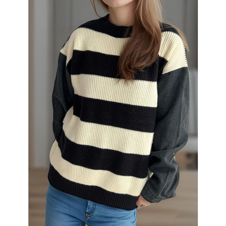 Contrast Round Neck Long Sleeve Sweater Apparel and Accessories