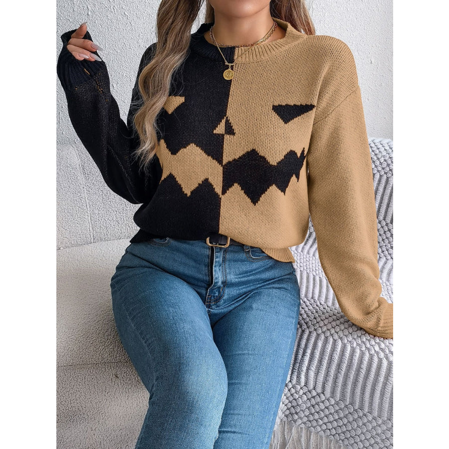 Contrast Round Neck Long Sleeve Sweater Apparel and Accessories