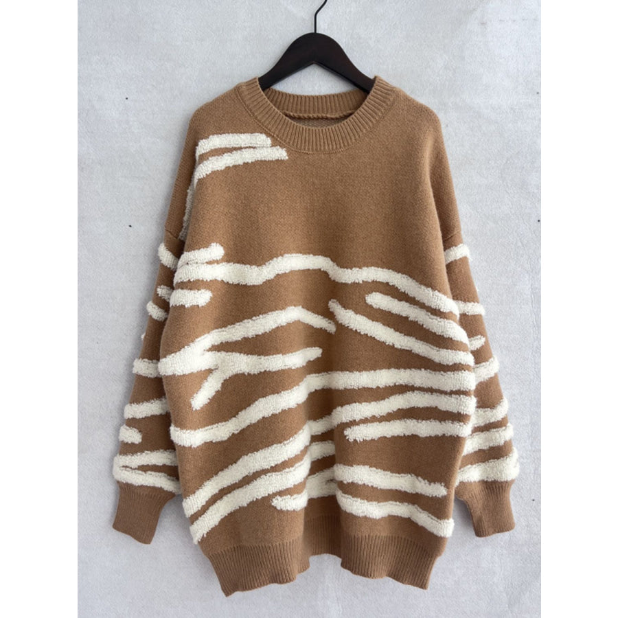 Contrast Round Neck Long Sleeve Sweater Apparel and Accessories