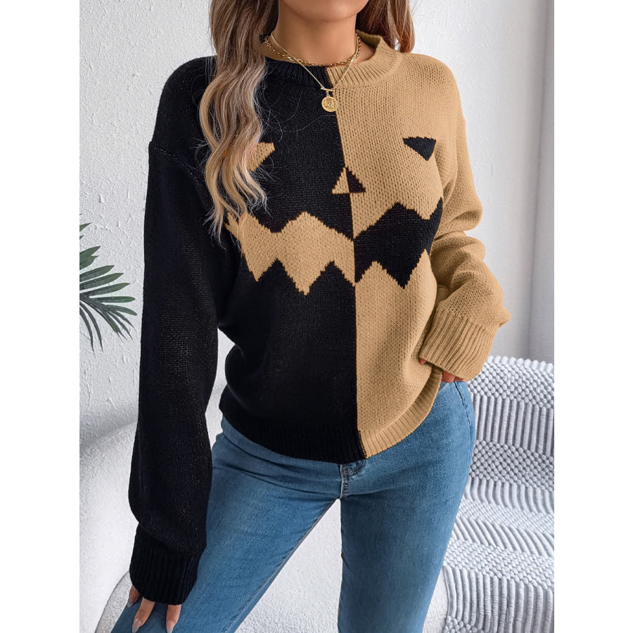 Contrast Round Neck Long Sleeve Sweater Apparel and Accessories