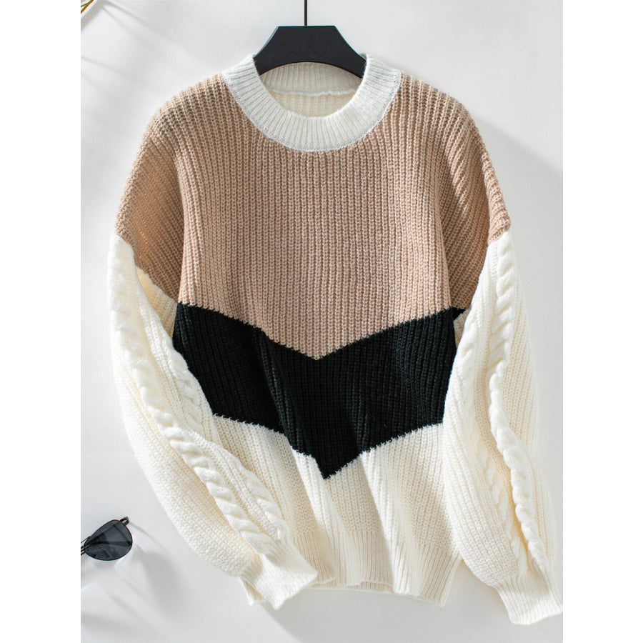 Contrast Round Neck Long Sleeve Sweater Apparel and Accessories