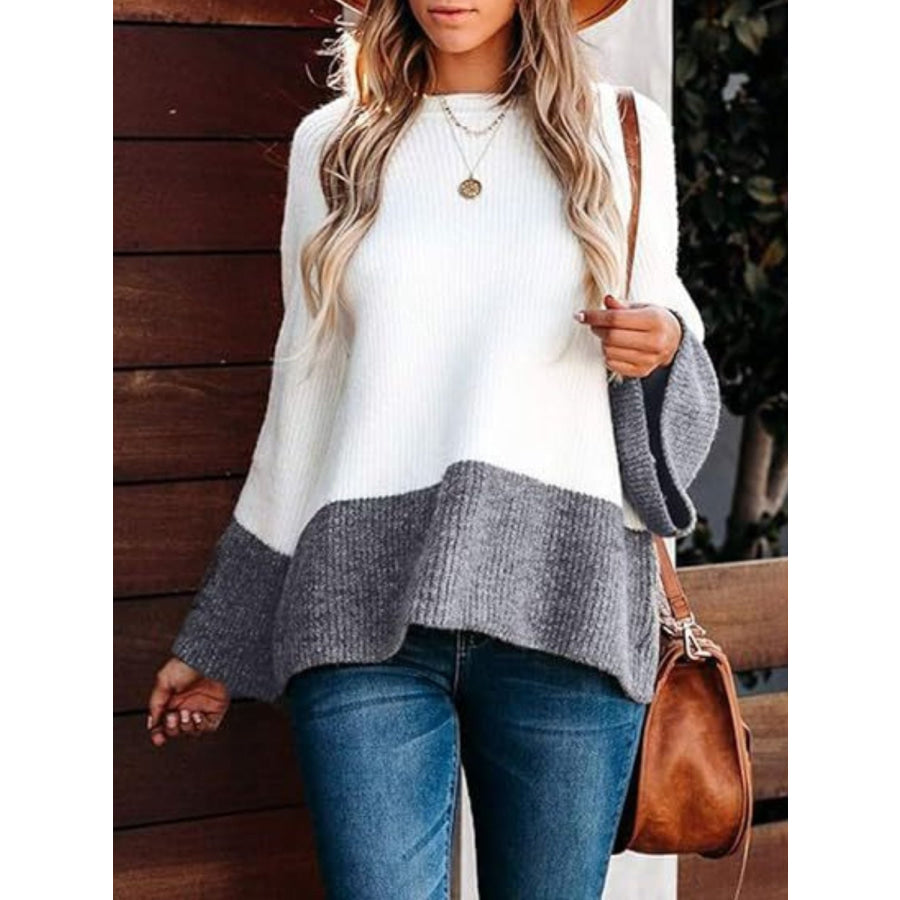 Contrast Round Neck Long Sleeve Sweater Apparel and Accessories