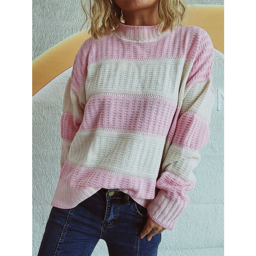 Contrast Round Neck Long Sleeve Sweater Apparel and Accessories