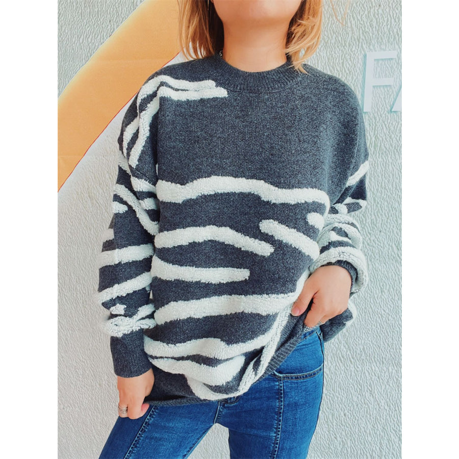 Contrast Round Neck Long Sleeve Sweater Apparel and Accessories