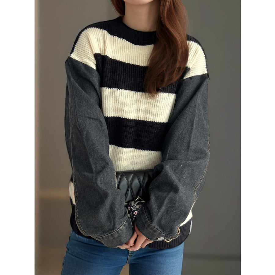 Contrast Round Neck Long Sleeve Sweater Apparel and Accessories