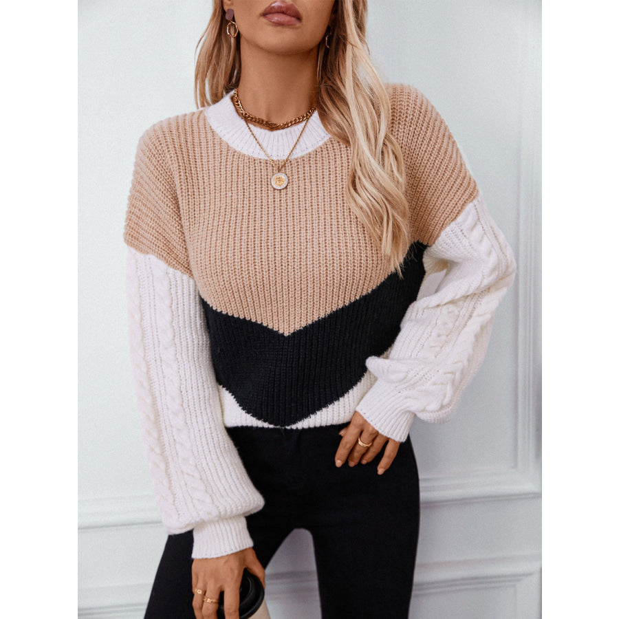 Contrast Round Neck Long Sleeve Sweater Apparel and Accessories