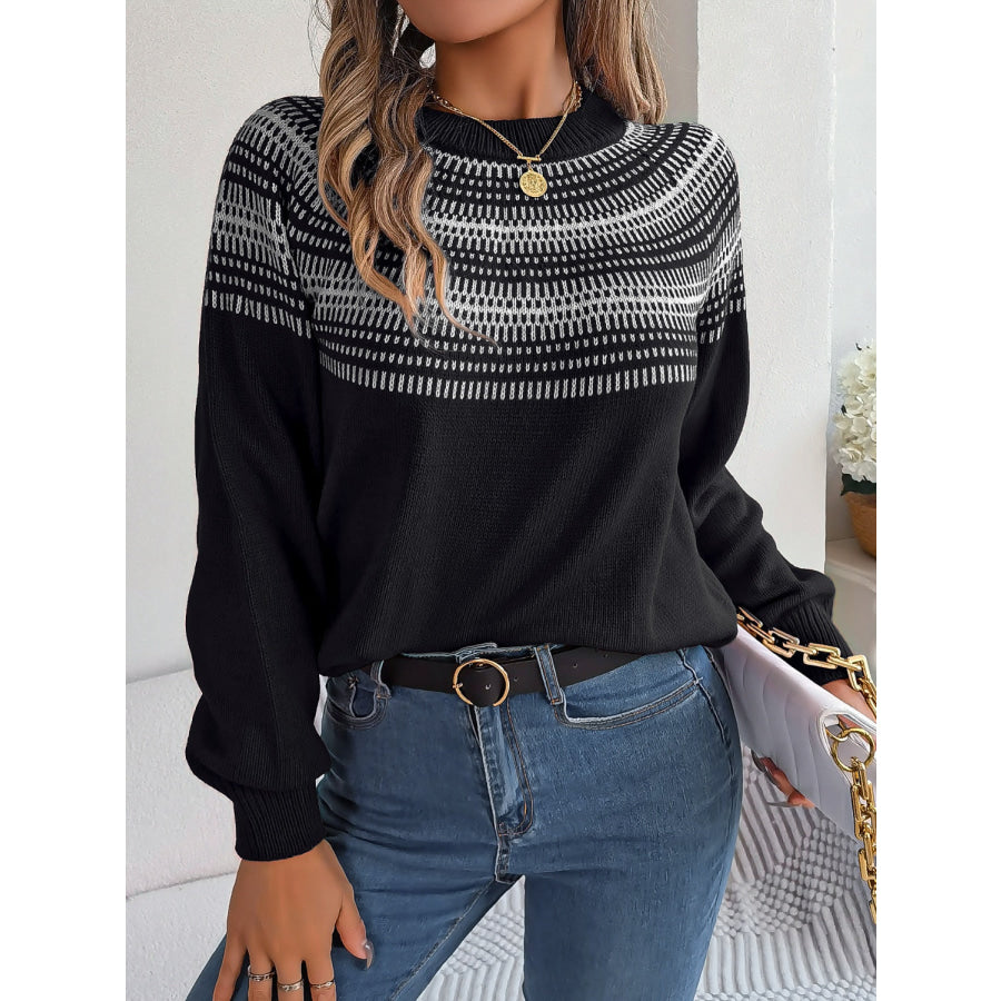 Contrast Round Neck Long Sleeve Sweater Black / S Apparel and Accessories