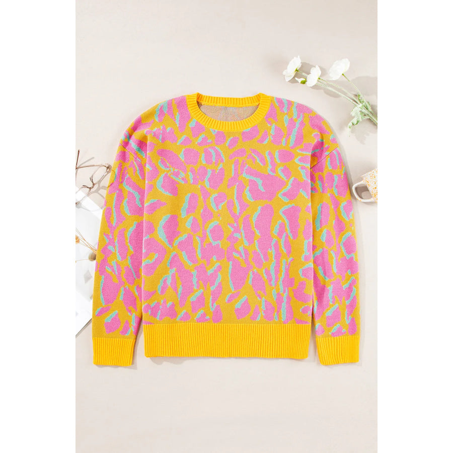 Contrast Round Neck Long Sleeve Sweater Fuchsia Pink / S Apparel and Accessories