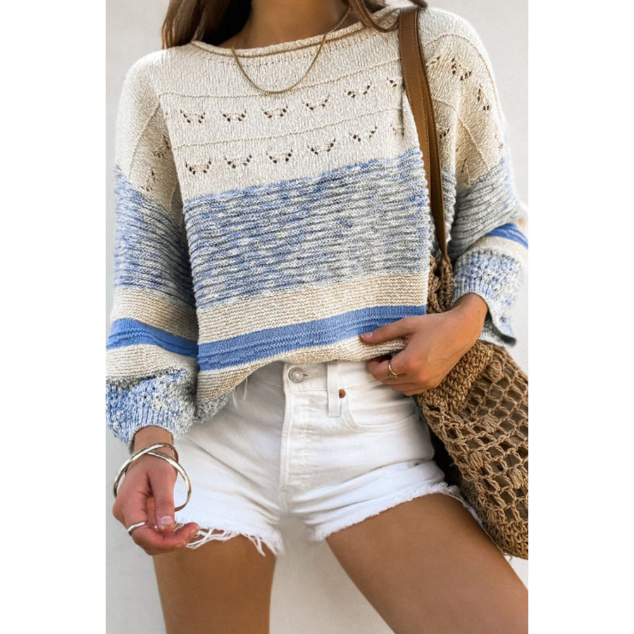 Contrast Round Neck Long Sleeve Sweater Light Blue / S Apparel and Accessories