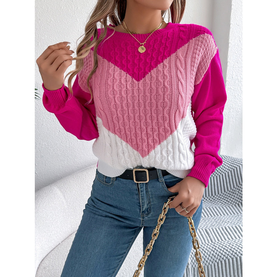 Contrast Round Neck Long Sleeve Sweater Apparel and Accessories