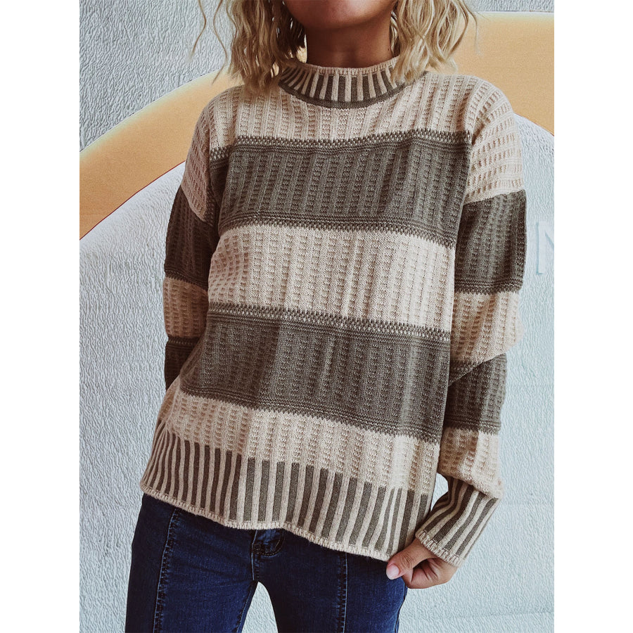 Contrast Round Neck Long Sleeve Sweater Apparel and Accessories