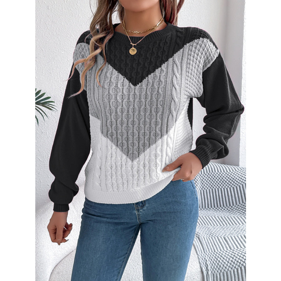 Contrast Round Neck Long Sleeve Sweater Apparel and Accessories