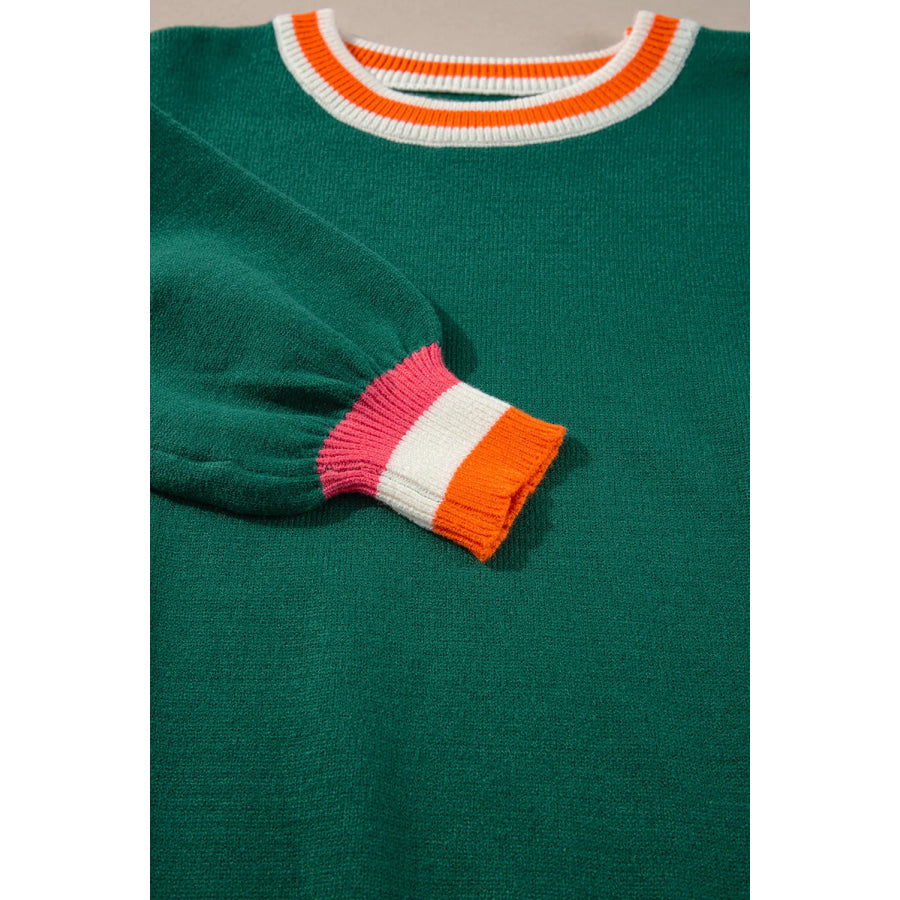 Contrast Round Neck Long Sleeve Sweater Apparel and Accessories