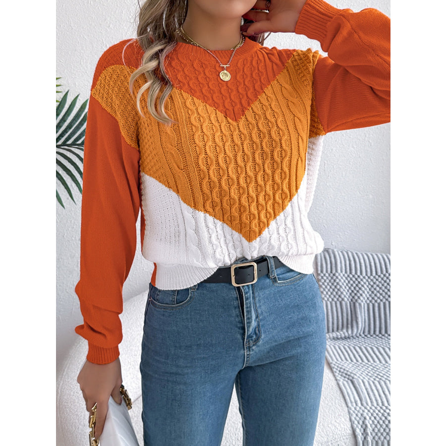 Contrast Round Neck Long Sleeve Sweater Apparel and Accessories