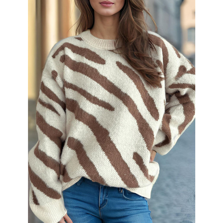 Contrast Round Neck Long Sleeve Sweater Apparel and Accessories