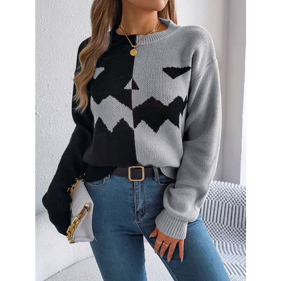 Contrast Round Neck Long Sleeve Sweater Apparel and Accessories