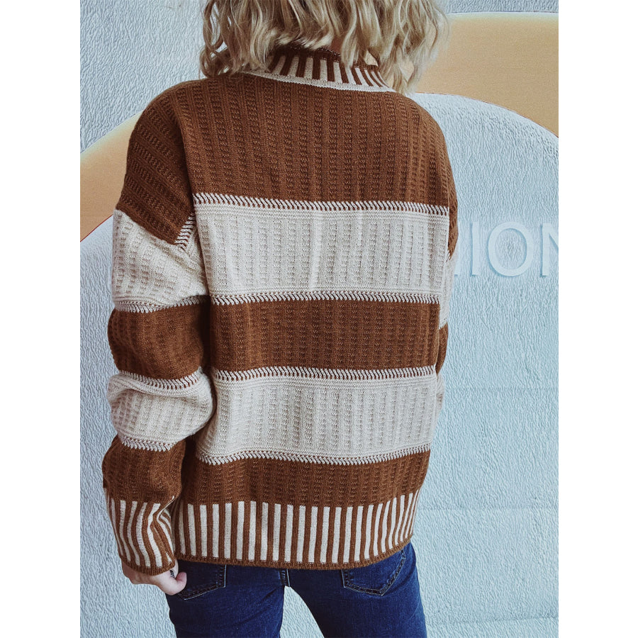 Contrast Round Neck Long Sleeve Sweater Caramel / One Size Apparel and Accessories