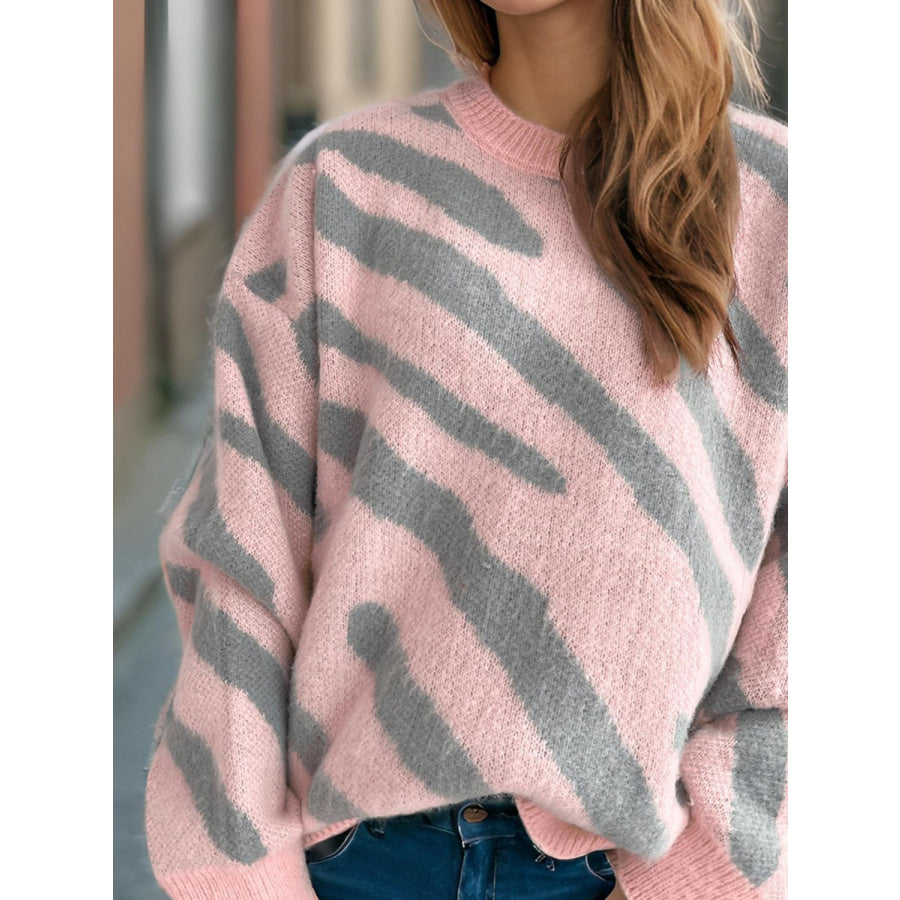 Contrast Round Neck Long Sleeve Sweater Blush Pink / One Size Apparel and Accessories