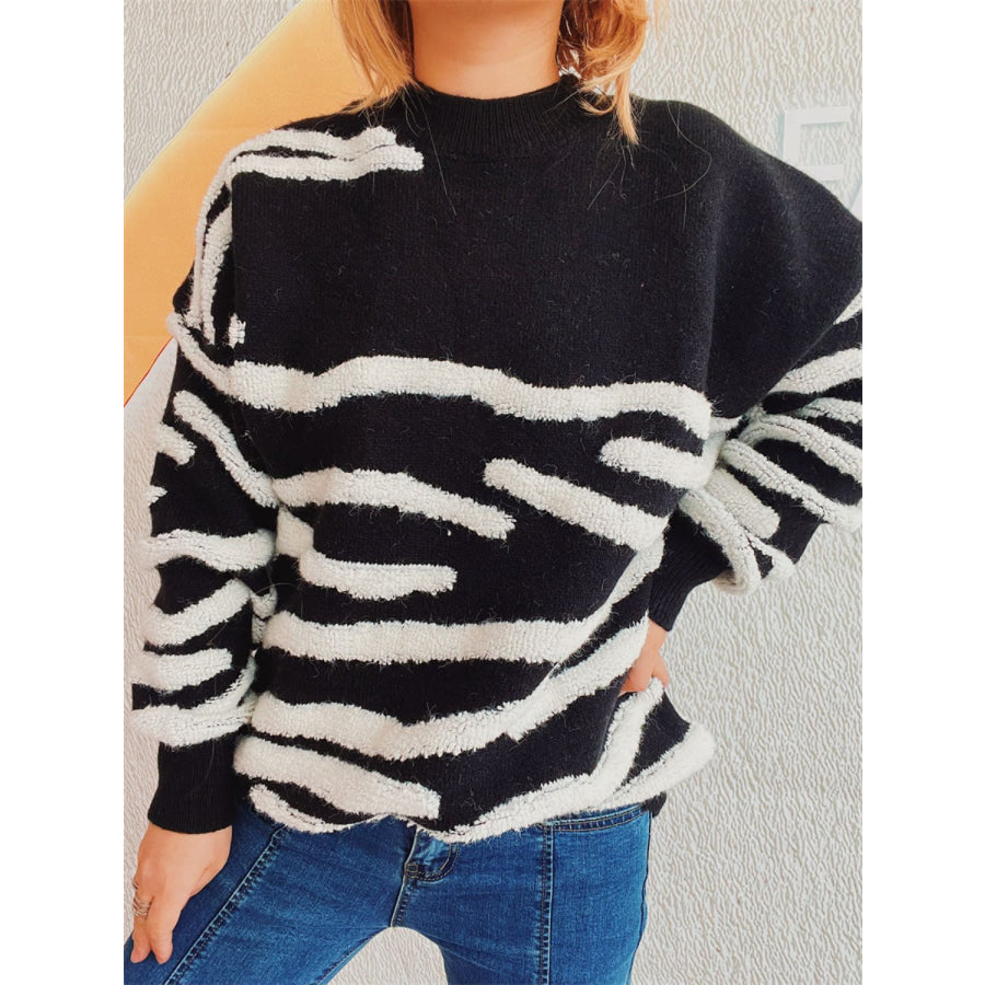 Contrast Round Neck Long Sleeve Sweater Apparel and Accessories