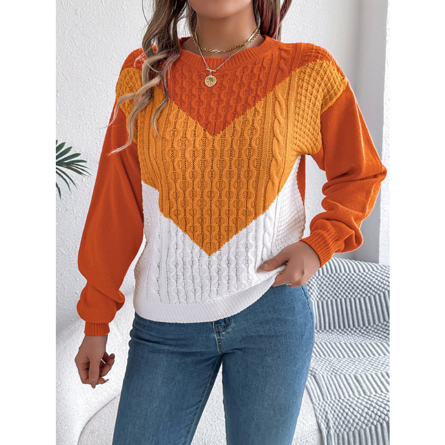 Contrast Round Neck Long Sleeve Sweater Apparel and Accessories