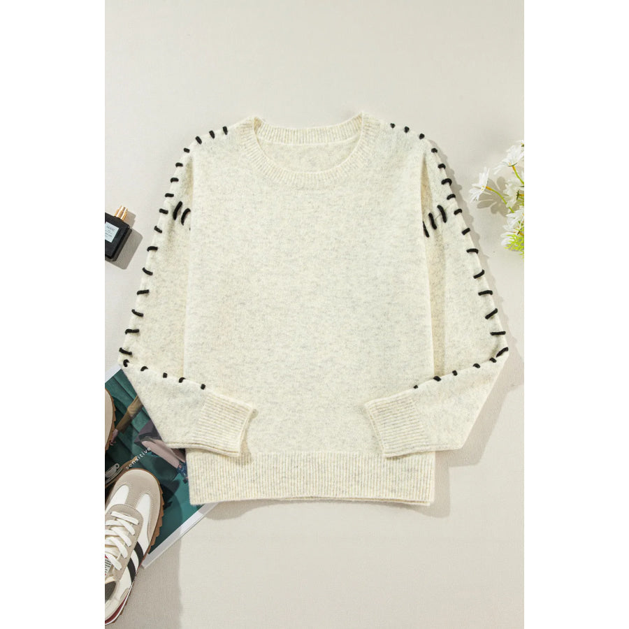 Contrast Round Neck Long Sleeve Sweater Apparel and Accessories