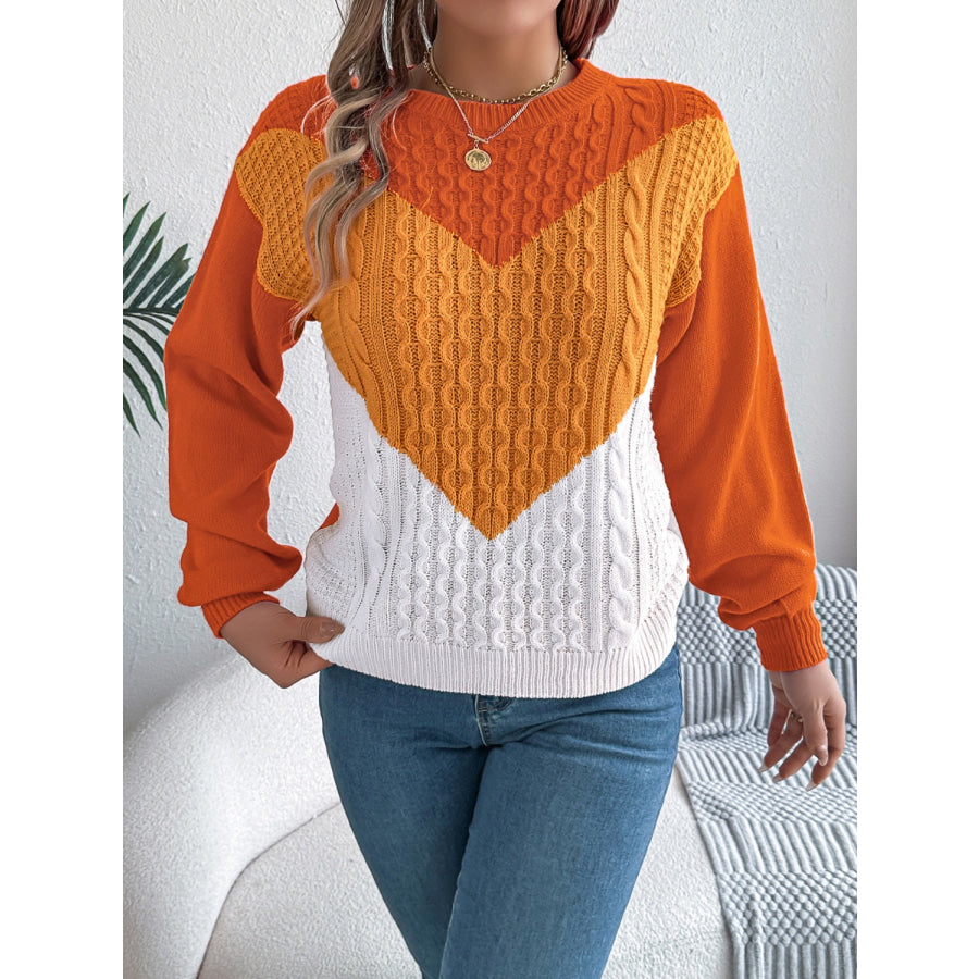 Contrast Round Neck Long Sleeve Sweater Apparel and Accessories