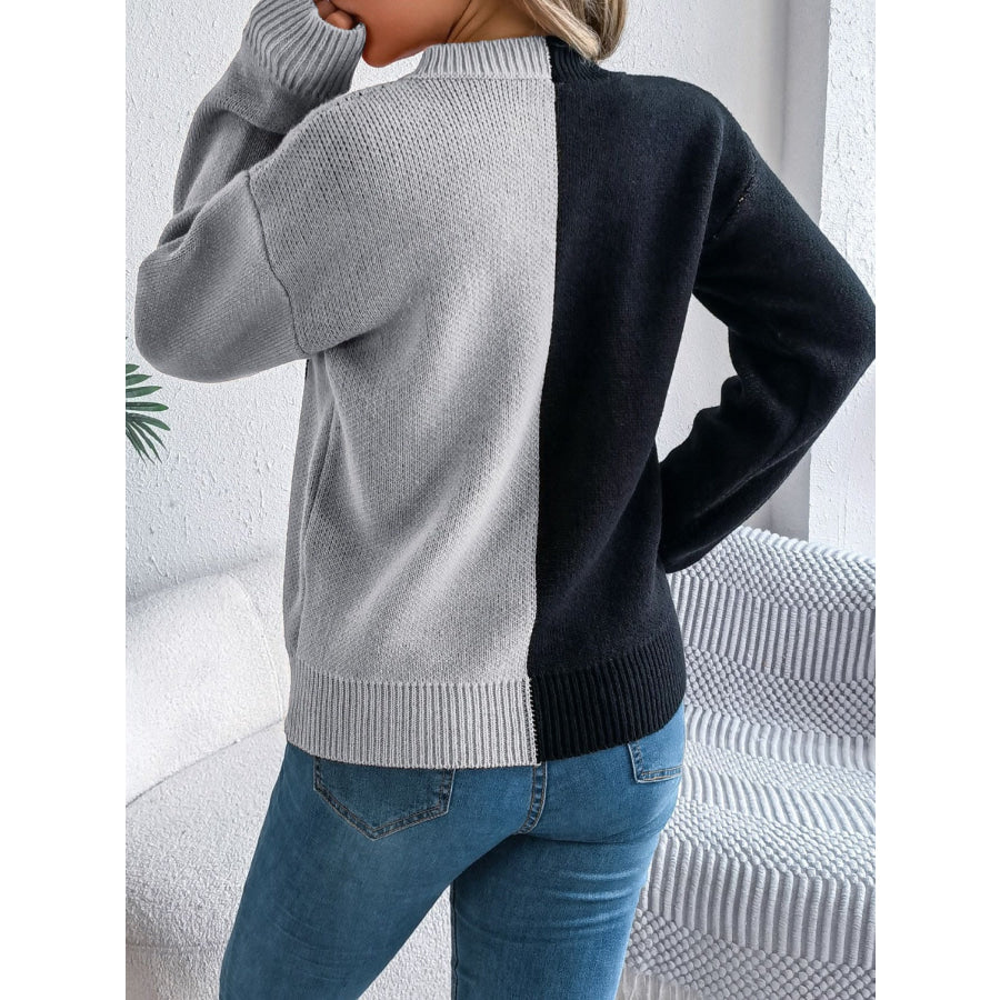 Contrast Round Neck Long Sleeve Sweater Apparel and Accessories