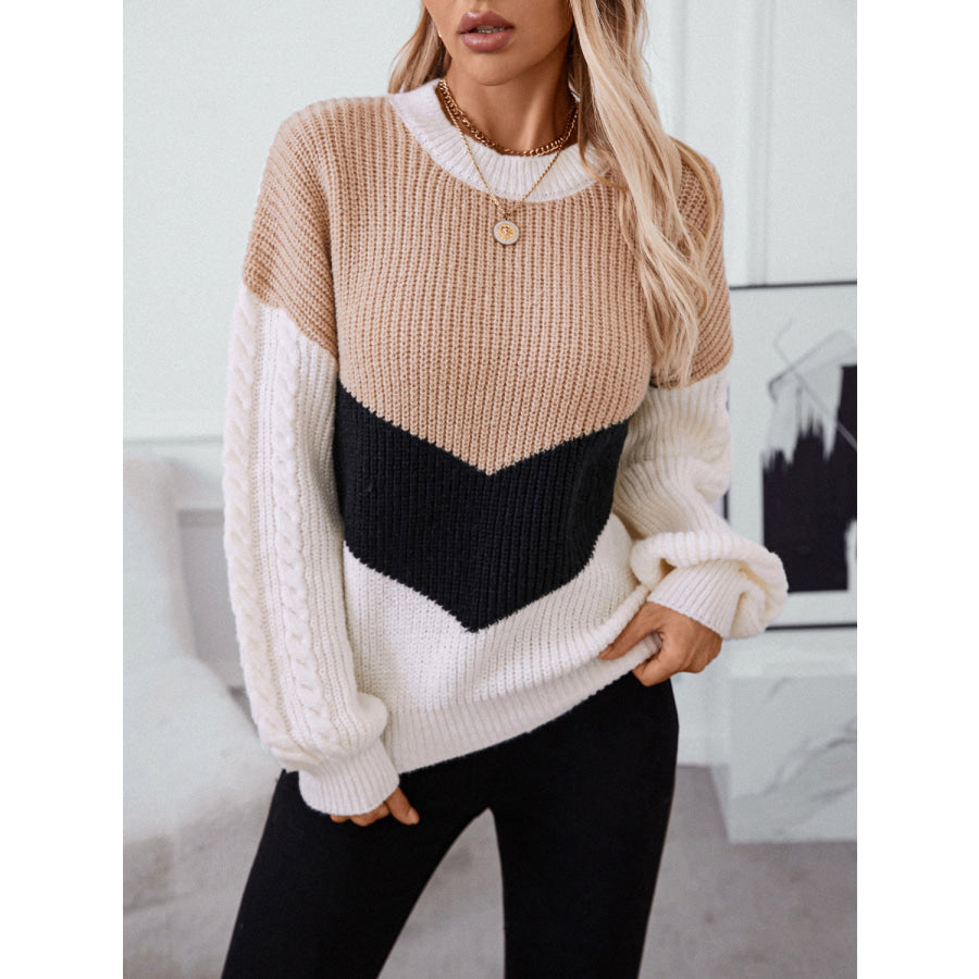 Contrast Round Neck Long Sleeve Sweater Apparel and Accessories