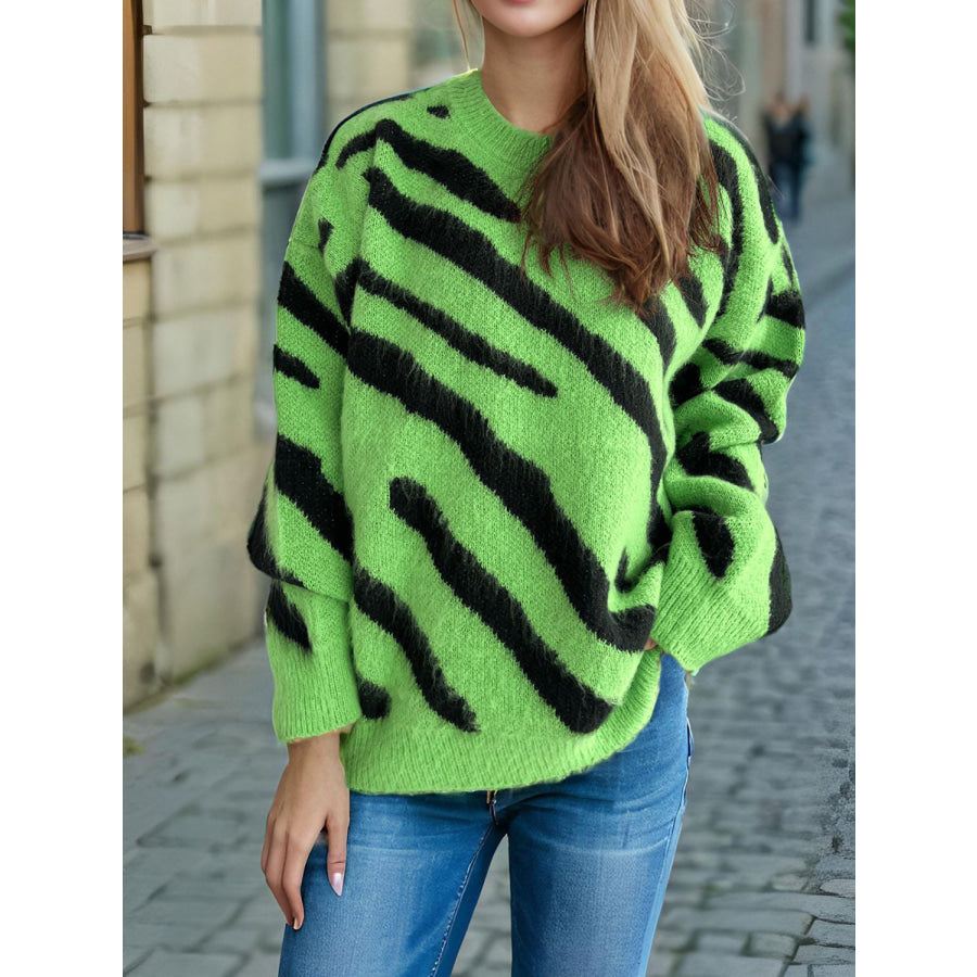 Contrast Round Neck Long Sleeve Sweater Apparel and Accessories