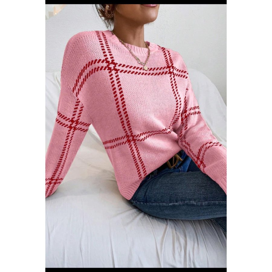 Contrast Round Neck Long Sleeve Sweater Apparel and Accessories