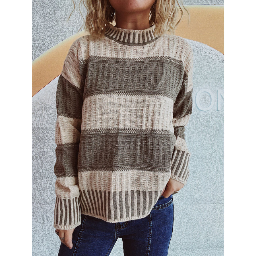 Contrast Round Neck Long Sleeve Sweater Apparel and Accessories