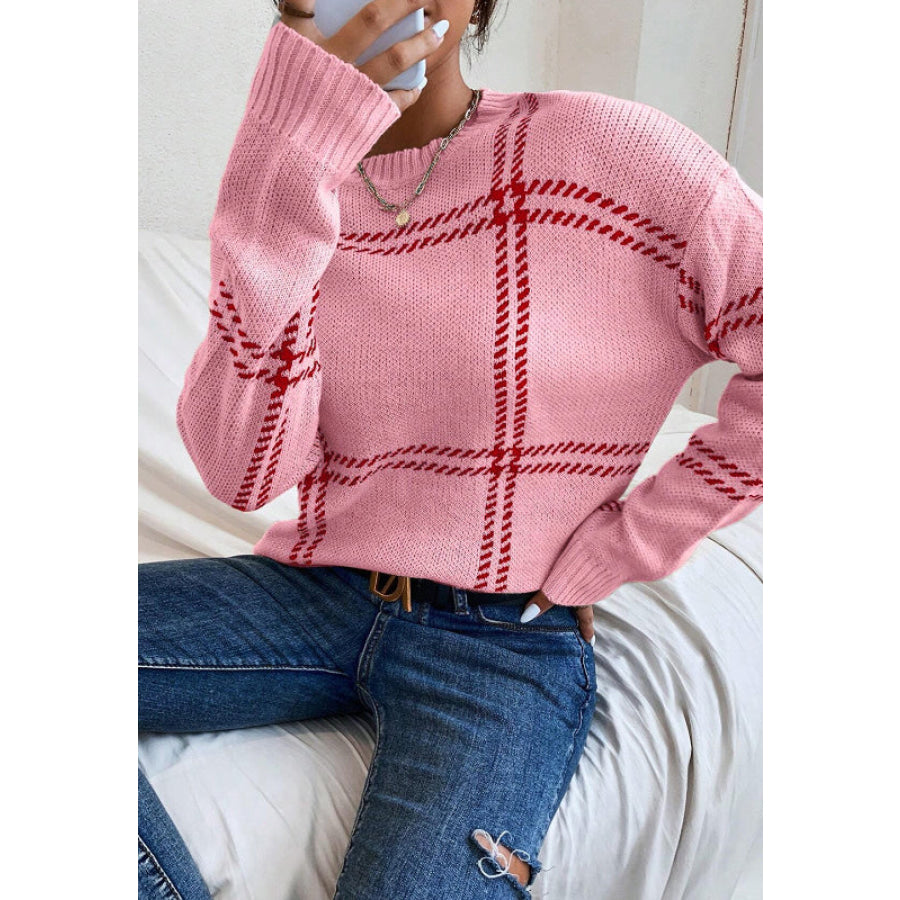 Contrast Round Neck Long Sleeve Sweater Blush Pink / S Apparel and Accessories