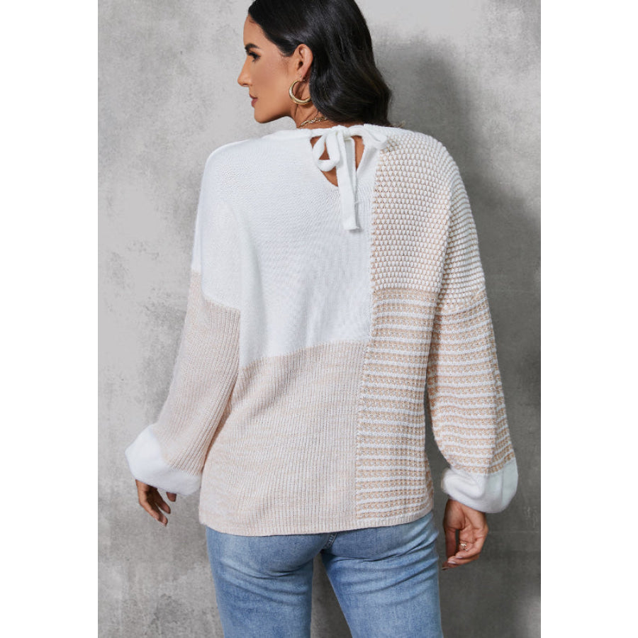 Contrast Round Neck Long Sleeve Sweater Apparel and Accessories