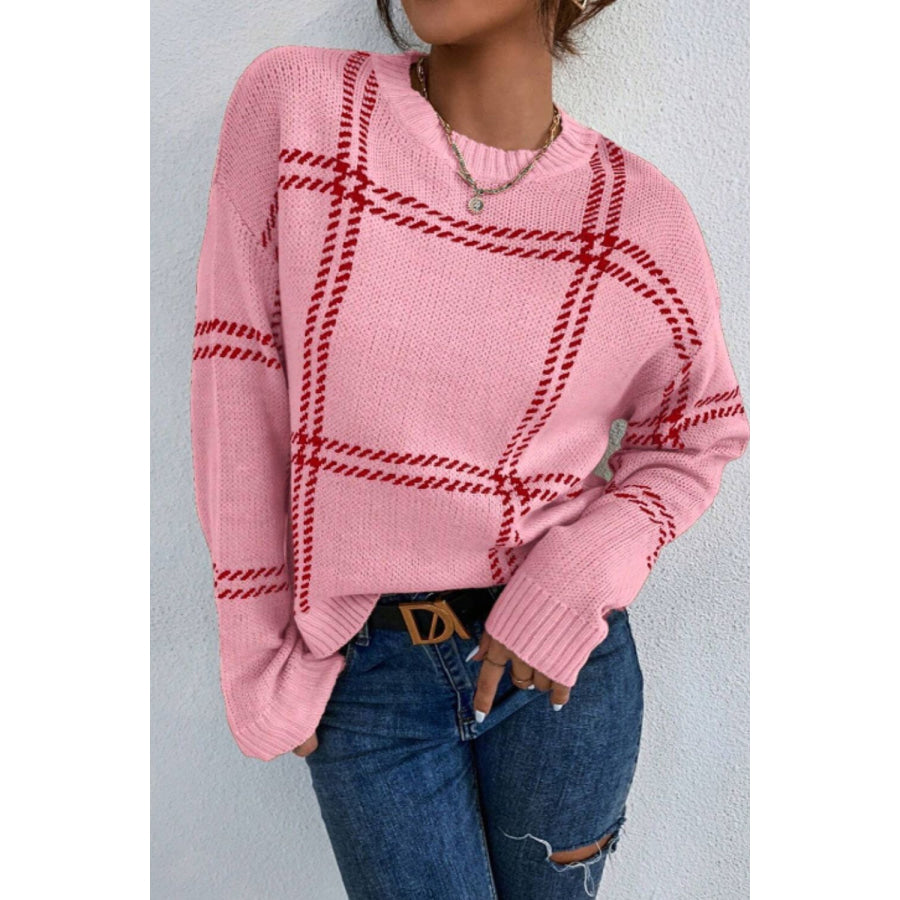 Contrast Round Neck Long Sleeve Sweater Apparel and Accessories