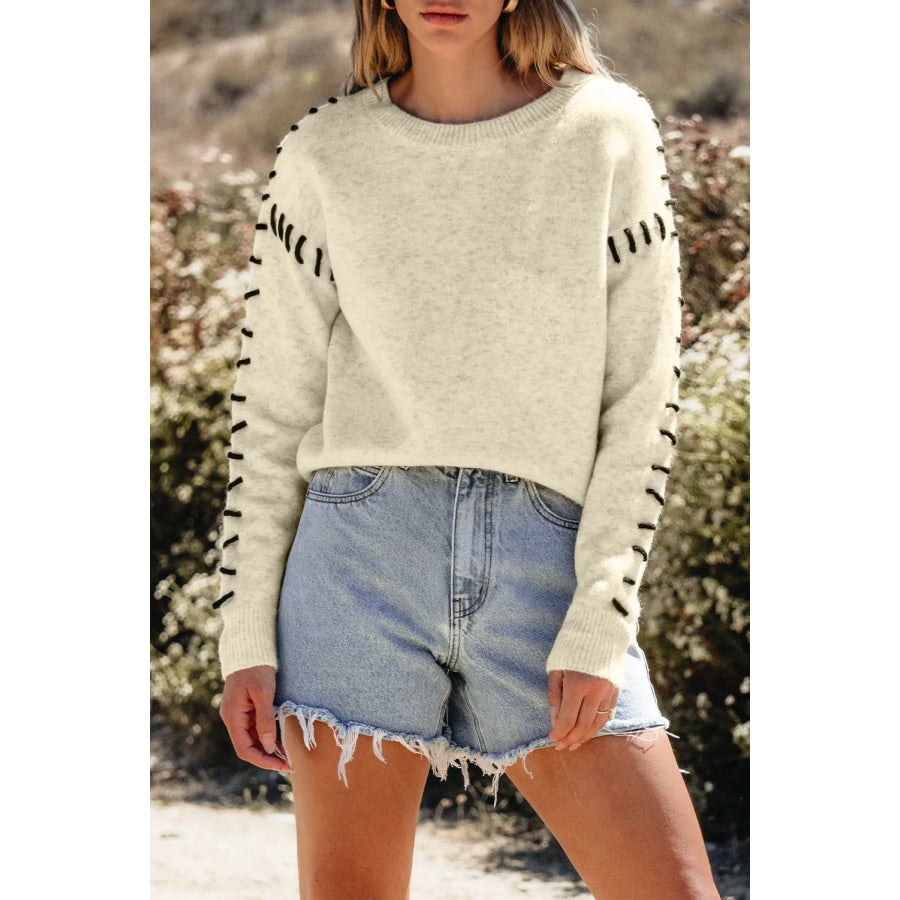 Contrast Round Neck Long Sleeve Sweater Beige / S Apparel and Accessories