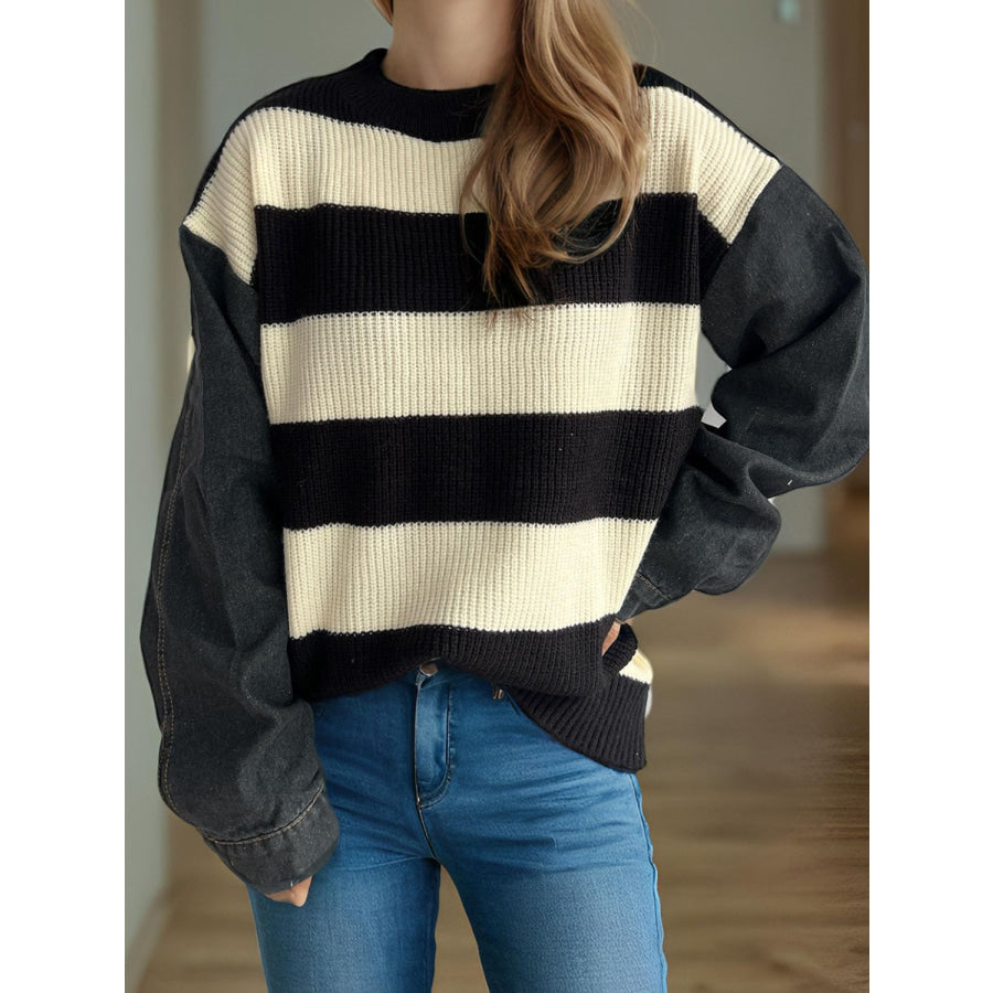 Contrast Round Neck Long Sleeve Sweater Black / One Size Apparel and Accessories