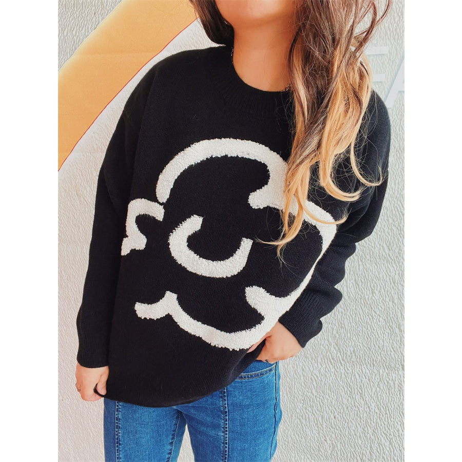 Contrast Round Neck Long Sleeve Sweater Black / One Size Apparel and Accessories