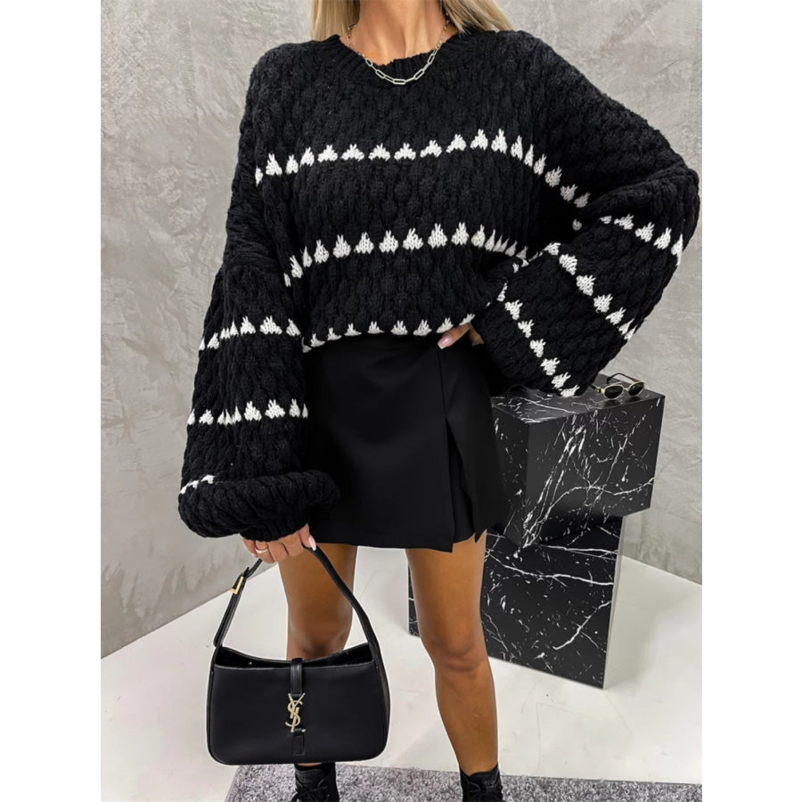 Contrast Round Neck Long Sleeve Sweater Black / S Apparel and Accessories