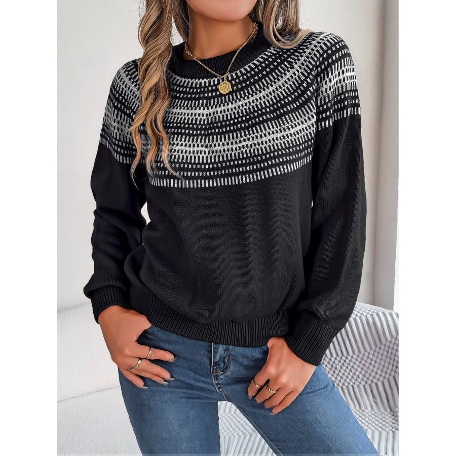 Contrast Round Neck Long Sleeve Sweater Black / S Apparel and Accessories