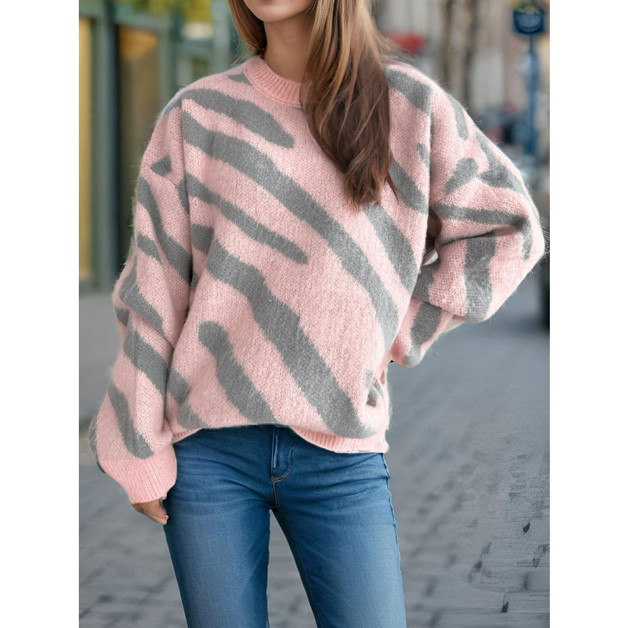 Contrast Round Neck Long Sleeve Sweater Blush Pink / One Size Apparel and Accessories