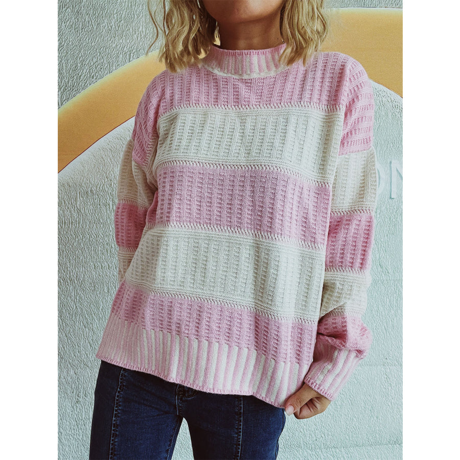 Contrast Round Neck Long Sleeve Sweater Blush Pink / One Size Apparel and Accessories