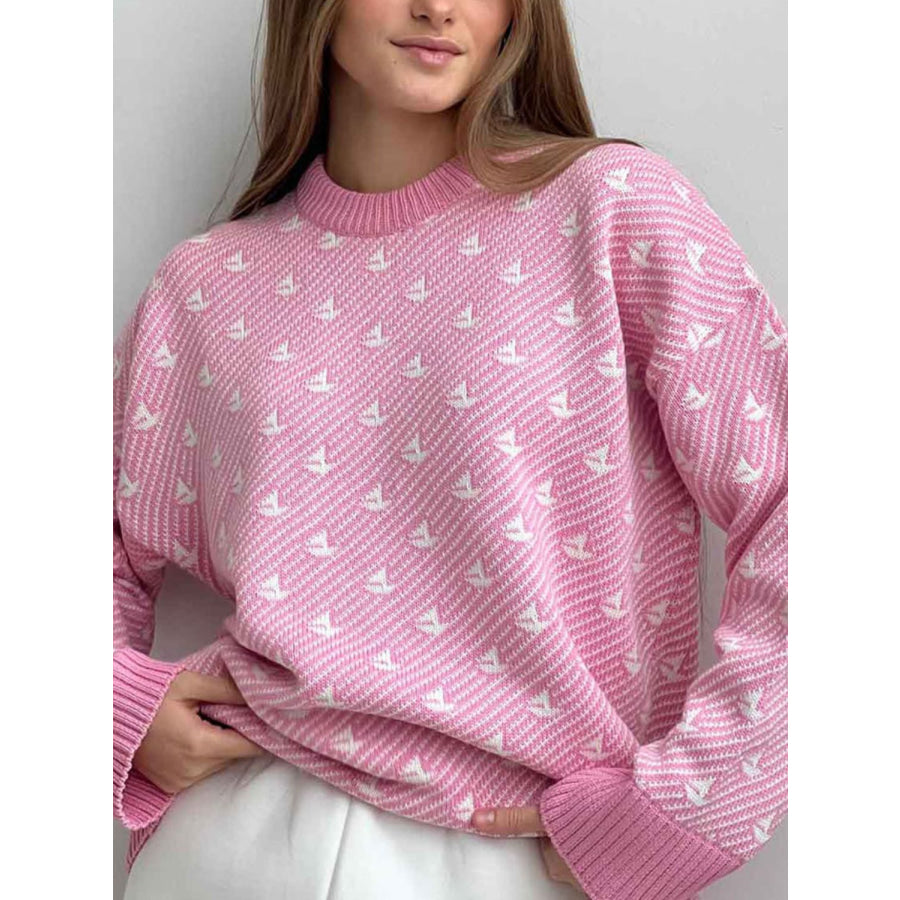 Contrast Round Neck Long Sleeve Sweater Blush Pink / S Apparel and Accessories