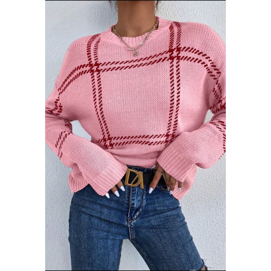 Contrast Round Neck Long Sleeve Sweater Blush Pink / S Apparel and Accessories